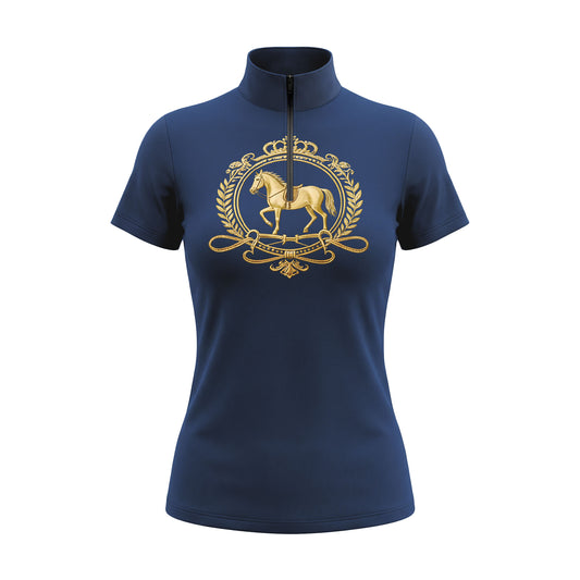 Studio flat view of the RIDER ATELIER Navy Gold Equestrian Crest Print Short-Sleeve Quarter-Zip Riding Top, showcasing the regal gold crest print and quarter-zip collar
