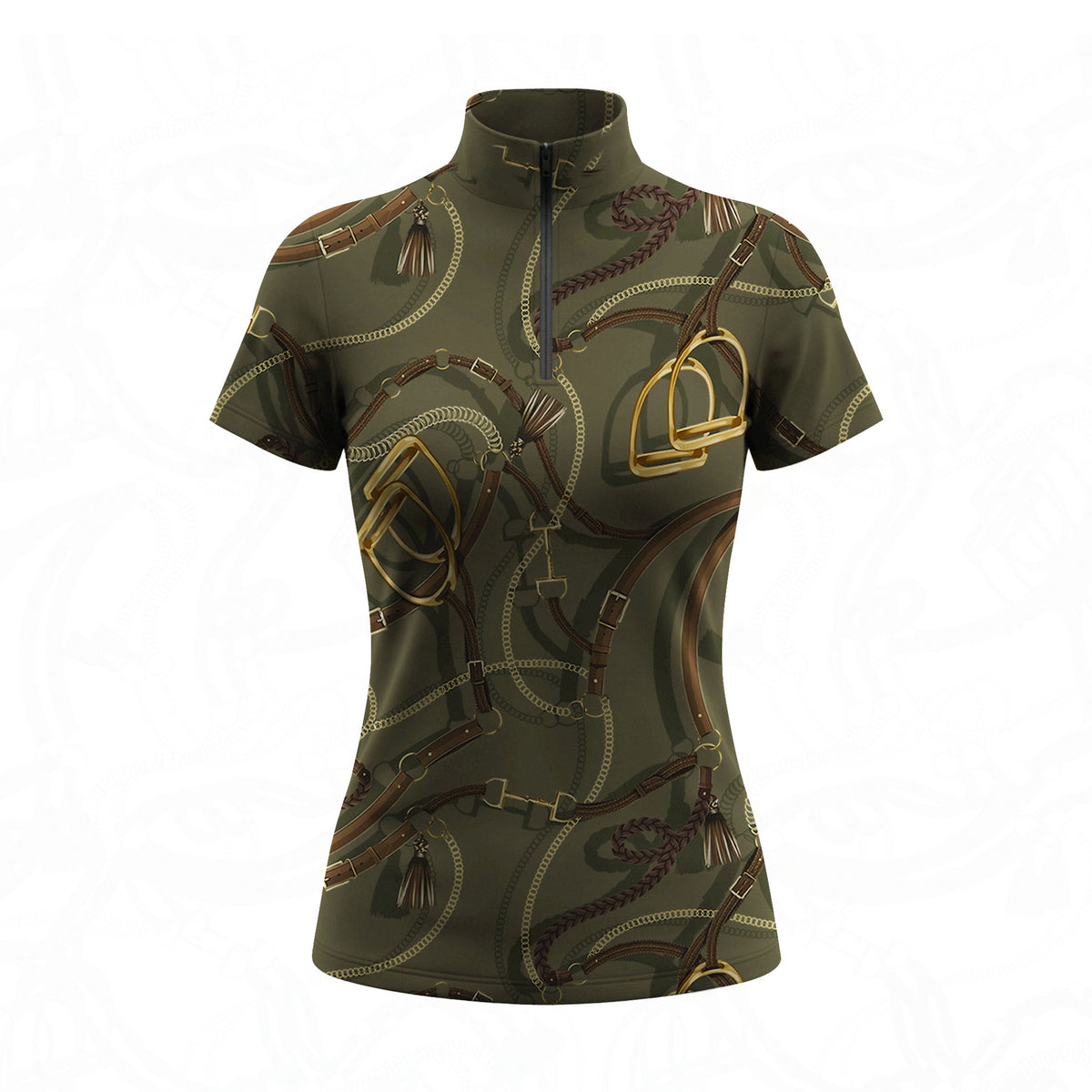 Studio flat view of the RIDER ATELIER Olive Equestrian Tack Print Short-Sleeve Quarter-Zip Riding Top, showcasing the full tack pattern and quarter-zip collar
