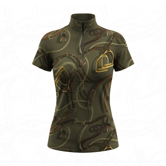 Studio flat view of the RIDER ATELIER Olive Equestrian Tack Print Short-Sleeve Quarter-Zip Riding Top, showcasing the full tack pattern and quarter-zip collar
