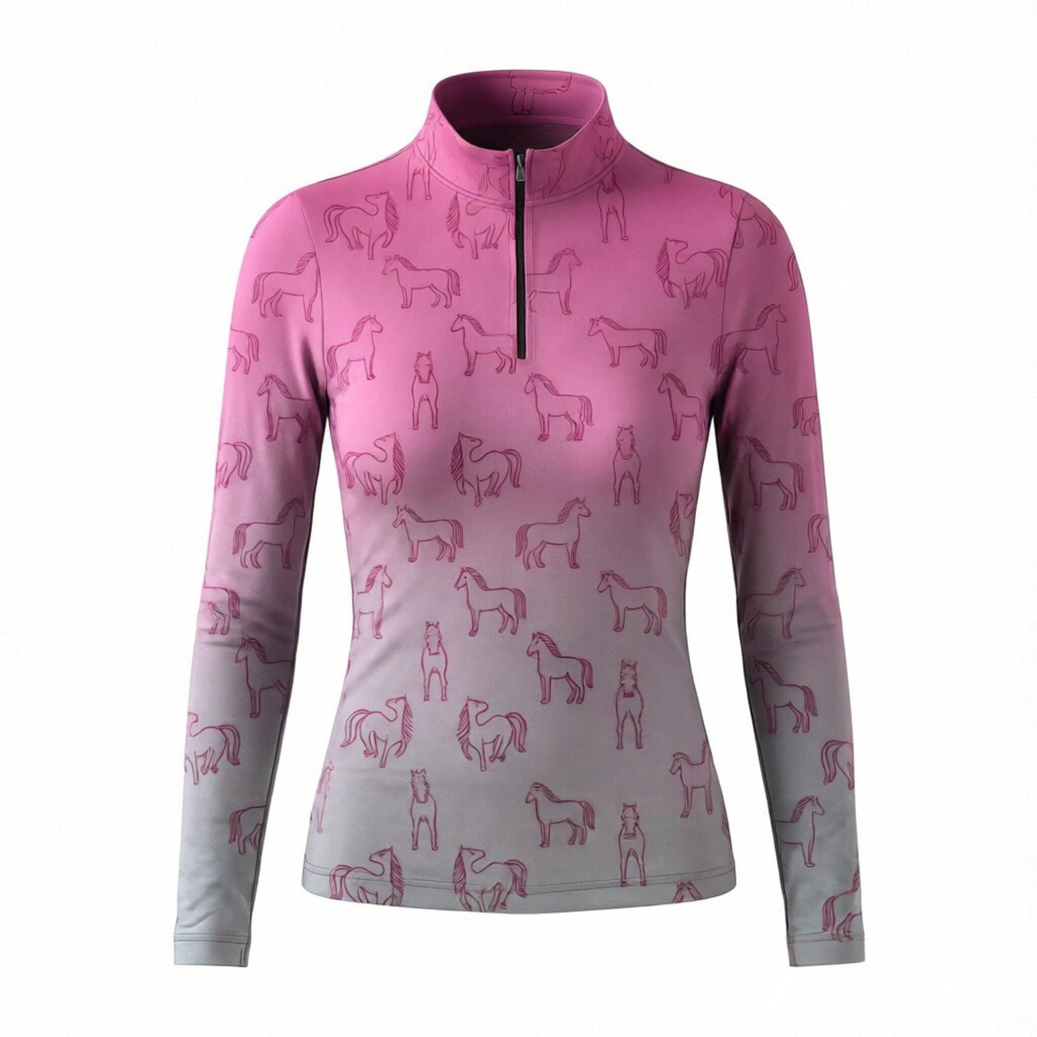 RIDER ATELIER ombre line art horse equestrian quarter-zip top in pink-gray gradient on white background