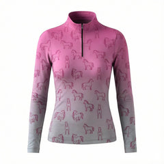 RIDER ATELIER ombre line art horse equestrian quarter-zip top in pink-gray gradient on white background
