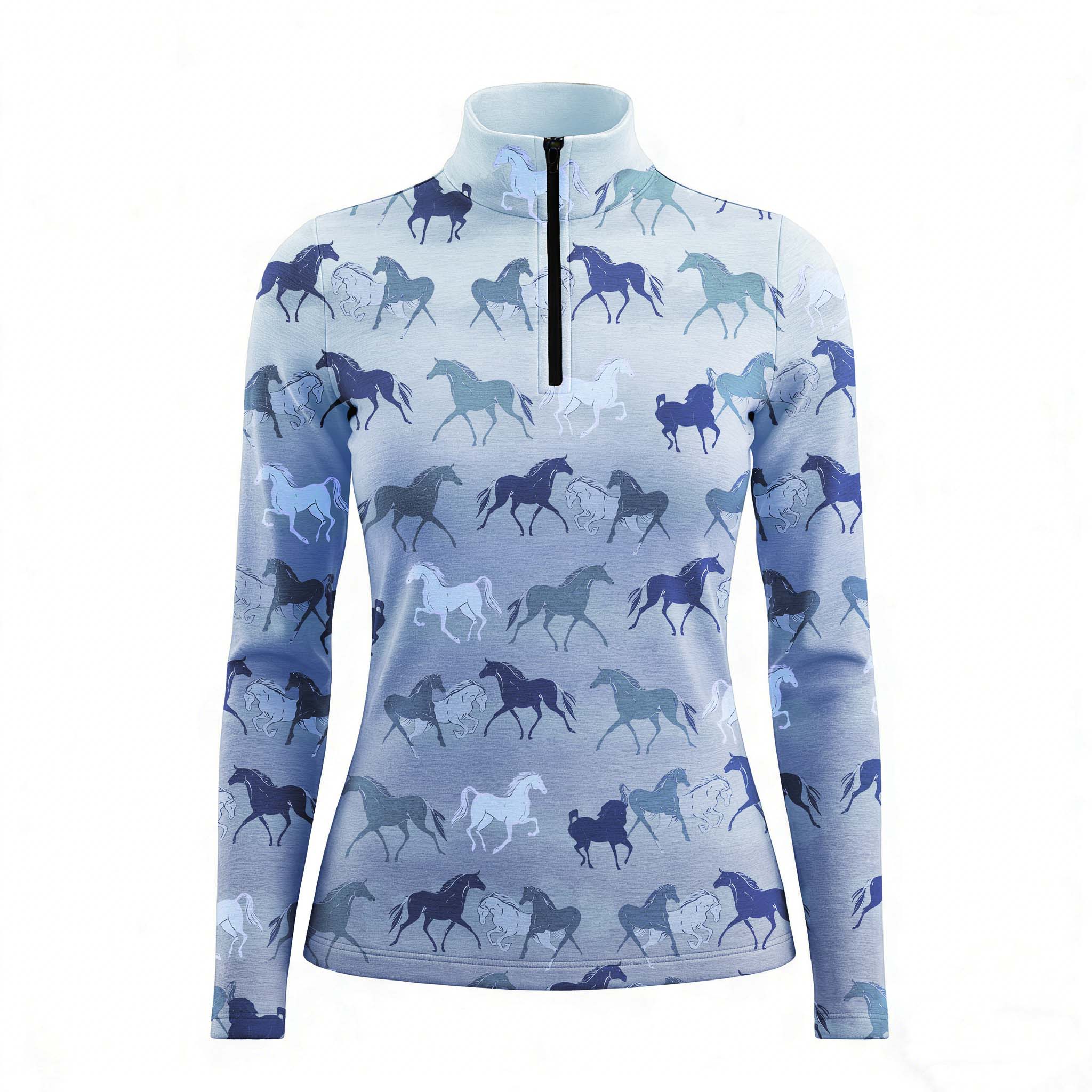 RIDER ATELIER ombre multi horse silhouette light blue quarter-zip top on white background, front view