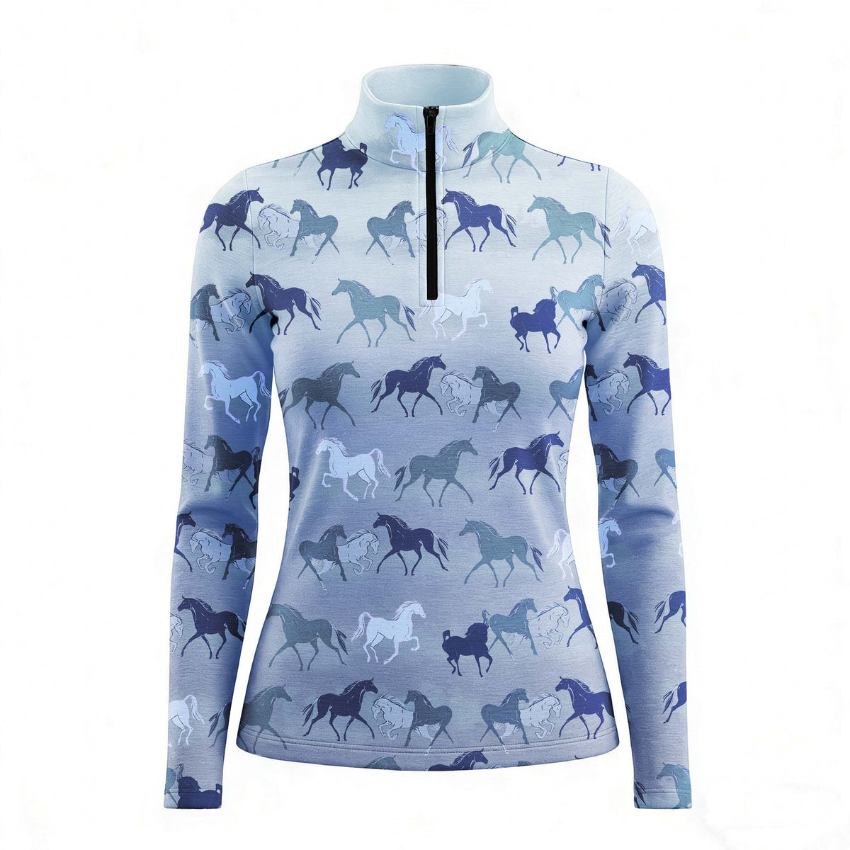 RIDER ATELIER ombre multi horse silhouette light blue quarter-zip top on white background, front view