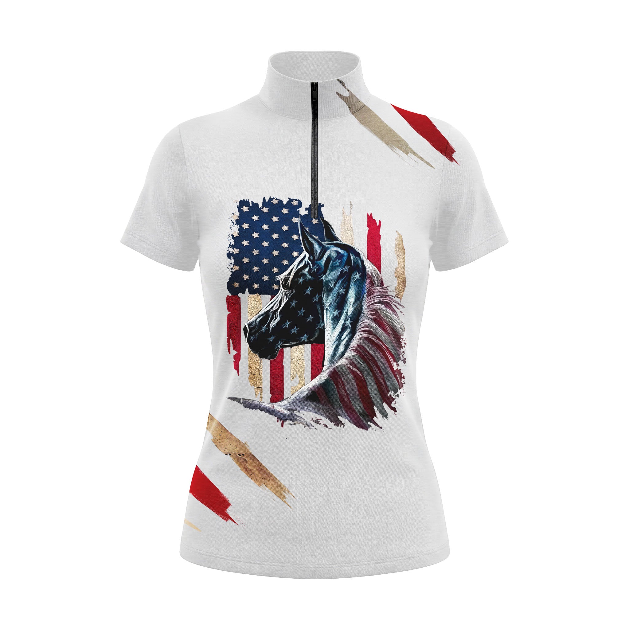 Studio flat view of the white version of the RIDER ATELIER Patriotic American Flag Horse Print Short-Sleeve Quarter-Zip Riding Top, showcasing the full print and quarter-zip collar
