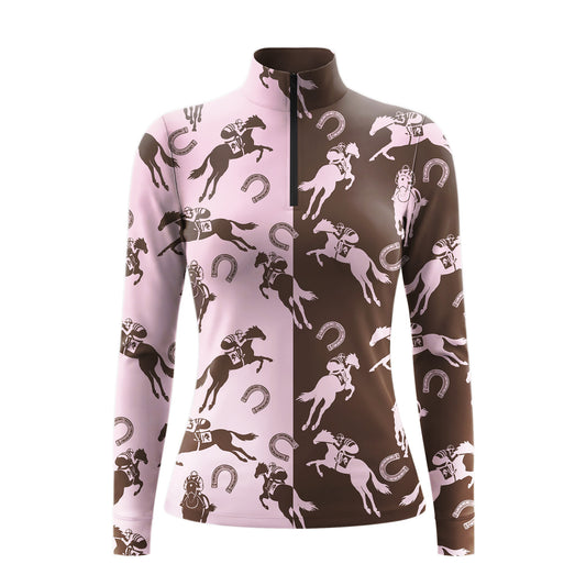 Studio shot of the RIDER ATELIER Pink & Brown Split Racehorse Silhouette Print Long-Sleeve Quarter-Zip Riding Top, showing the full split-color print, racehorse silhouettes, horseshoe details, and quarter-zip collar against a clean white background
