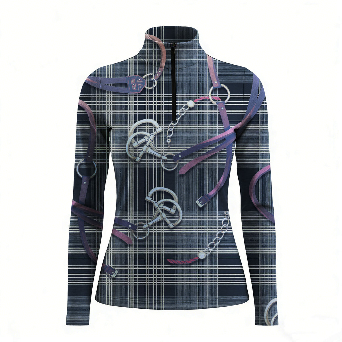 RIDER ATELIER plaid snaffle bit navy quarter-zip top on white background, front view