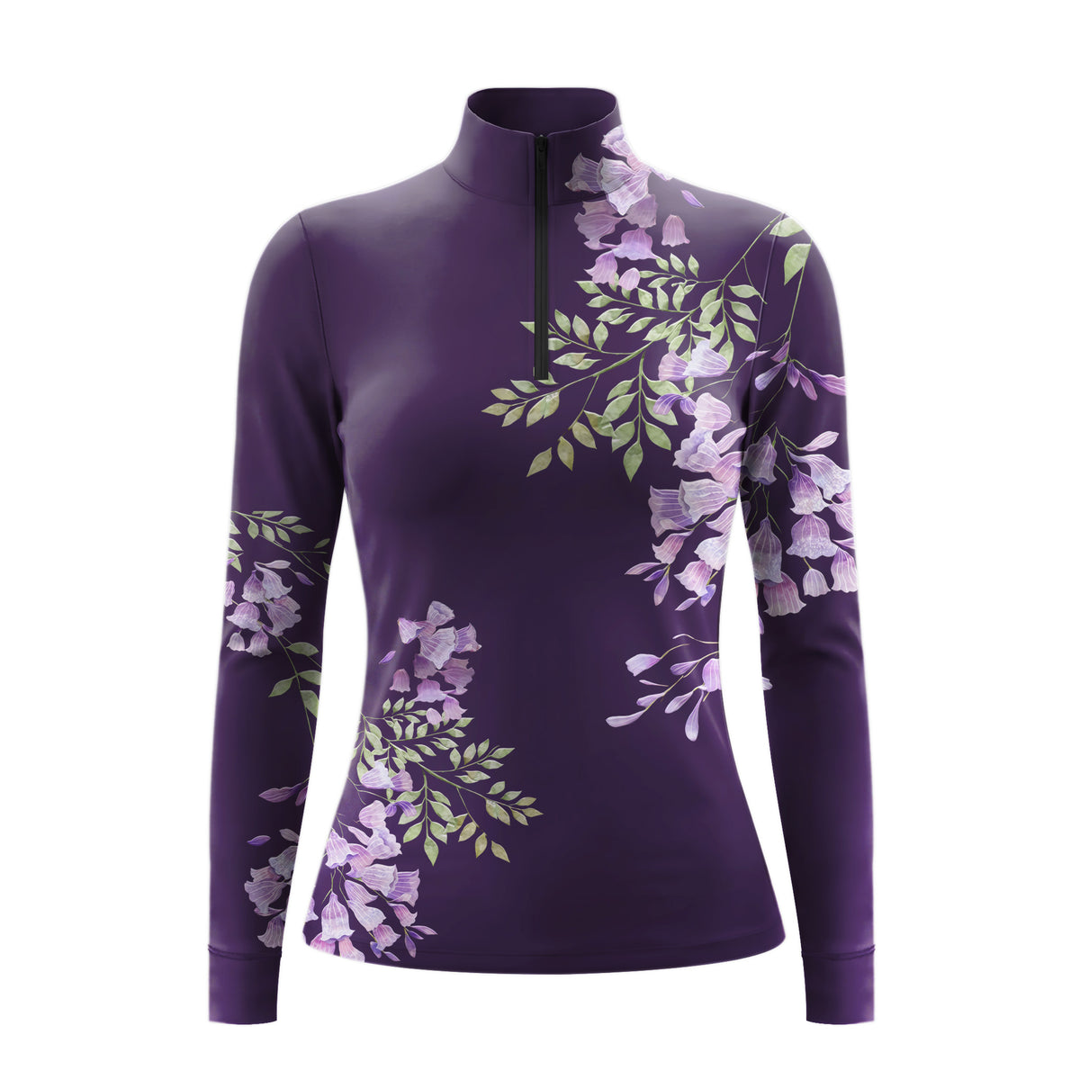 Studio shot of the RIDER ATELIER Purple Wisteria Floral Print Long-Sleeve Quarter-Zip Riding Top, showing the full cascading wisteria print, quarter-zip collar, and fabric texture against a clean white background
