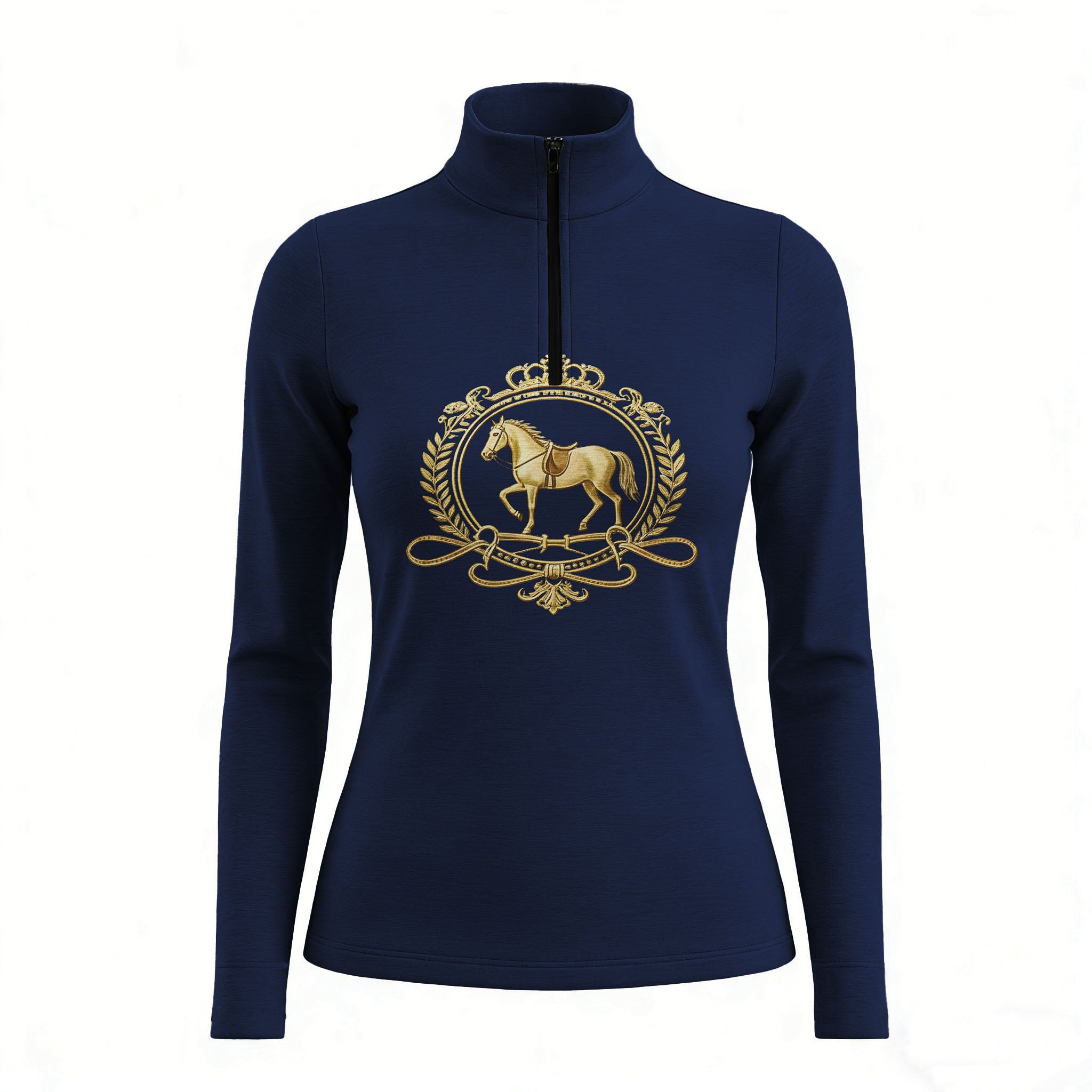 RIDER ATELIER royal crest quarter-zip top on white background, front view
