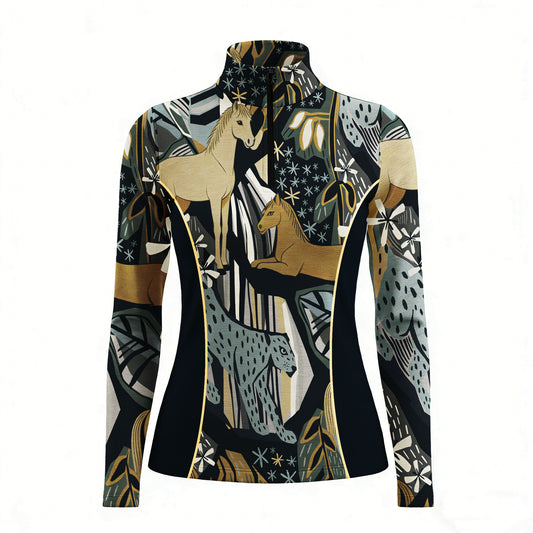 RIDER ATELIER safari horse & leopard jungle quarter-zip top on white background, front view