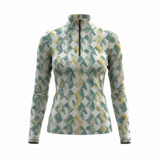 RIDER ATELIER sage brushstroke geo horse head equestrian quarter-zip top in green-gold on white background