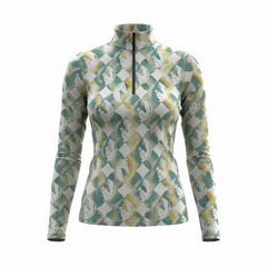 RIDER ATELIER sage brushstroke geo horse head equestrian quarter-zip top in green-gold on white background