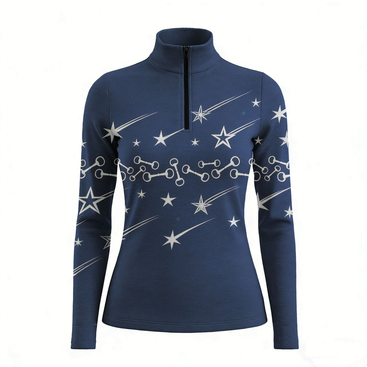 RIDER ATELIER shooting star snaffle bit quarter-zip top on white background, front view
