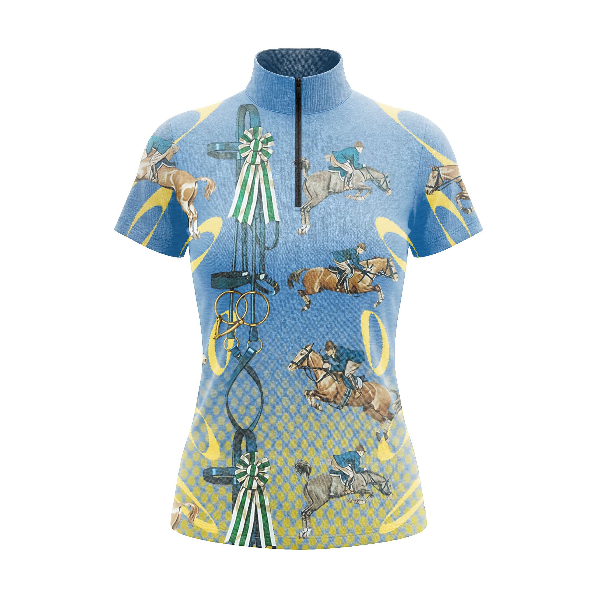 RIDER ATELIER show jumping champion short sleeve quarter-zip top on white background, front view
