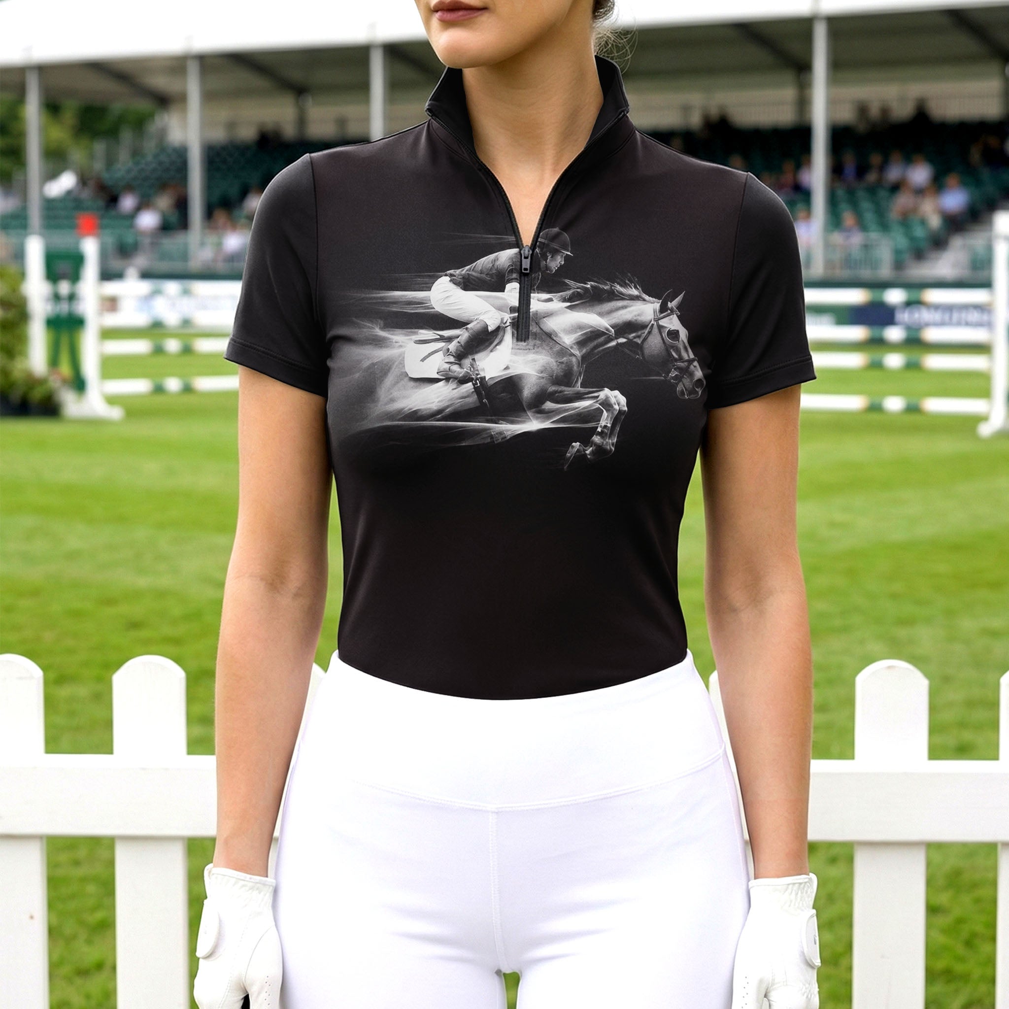 Model wearing the RIDER ATELIER Black Monochrome Showjumping Print Riding Top at an outdoor equestrian arena, with a white fence in the background
