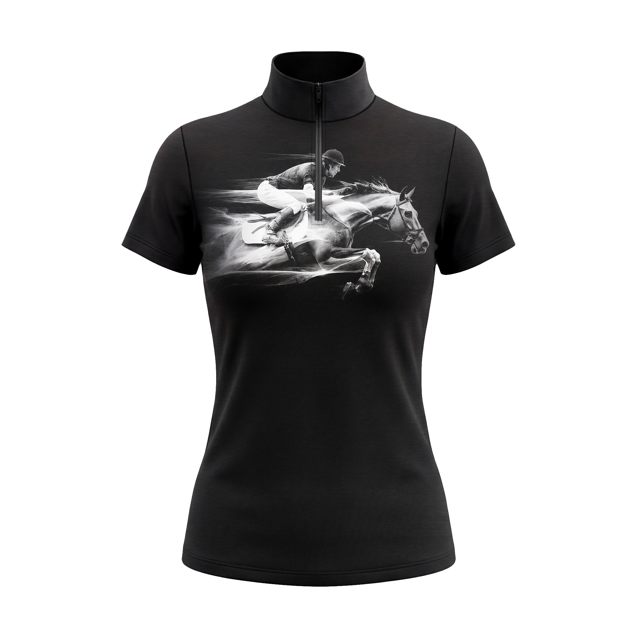 Studio flat view of the RIDER ATELIER Black Monochrome Showjumping Print Short-Sleeve Quarter-Zip Riding Top, showcasing the full print and quarter-zip collar
