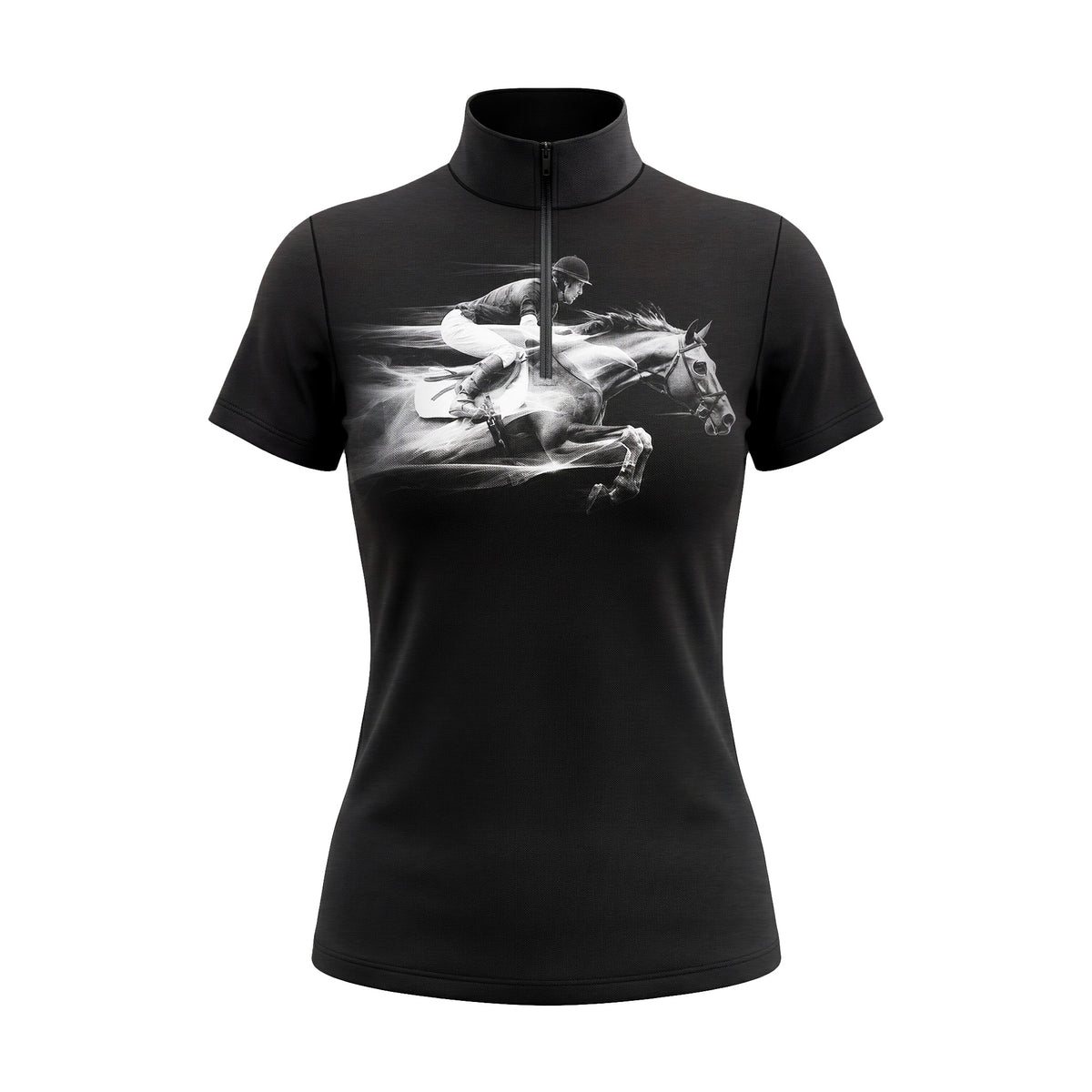 Studio flat view of the RIDER ATELIER Black Monochrome Showjumping Print Short-Sleeve Quarter-Zip Riding Top, showcasing the full print and quarter-zip collar
