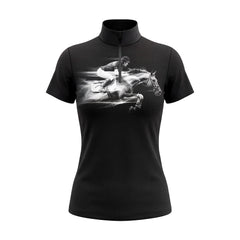 Studio flat view of the RIDER ATELIER Black Monochrome Showjumping Print Short-Sleeve Quarter-Zip Riding Top, showcasing the full print and quarter-zip collar
