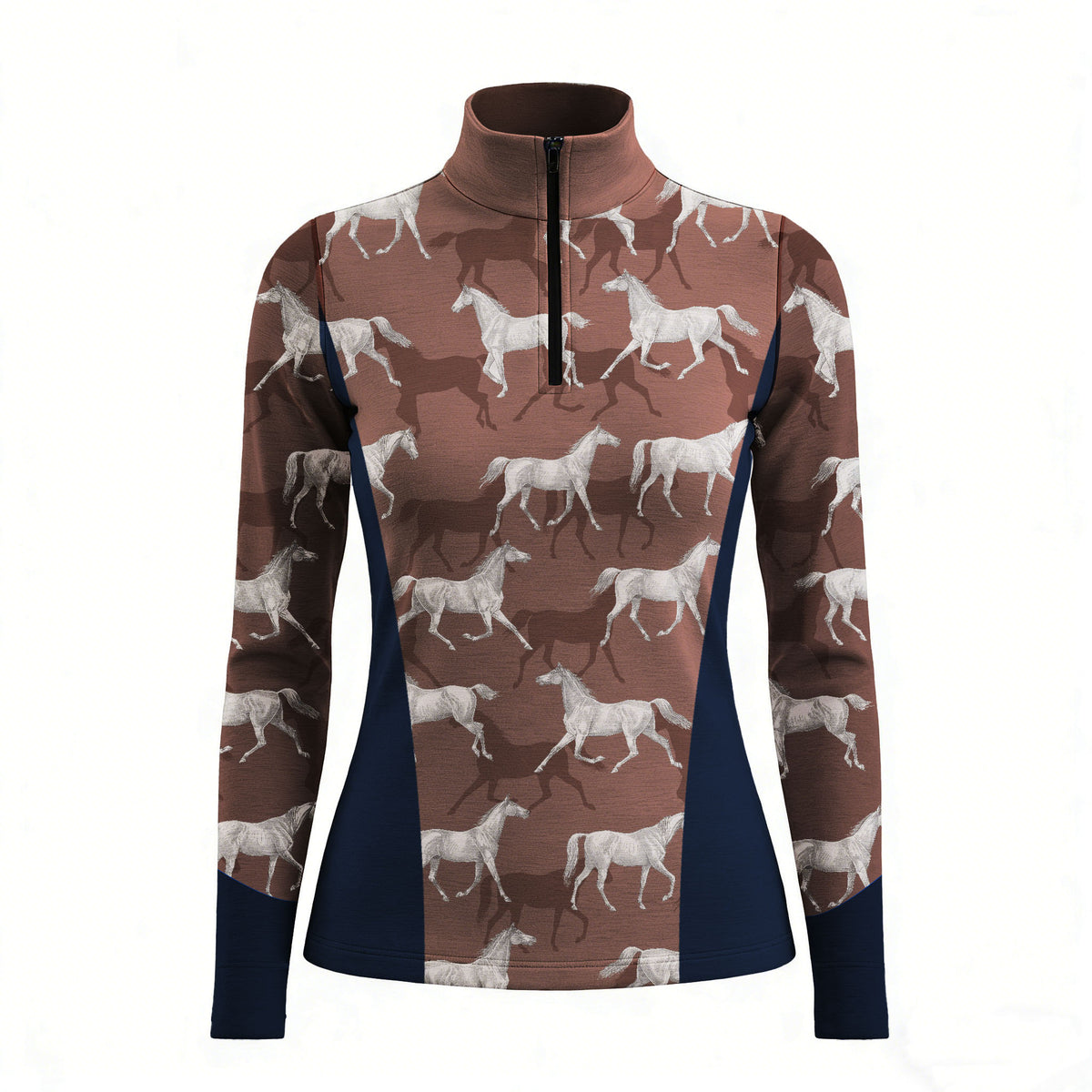 RIDER ATELIER sketch galloping horse quarter-zip top on white background, front view