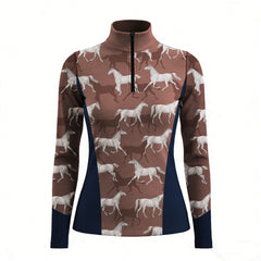 RIDER ATELIER sketch galloping horse quarter-zip top on white background, front view