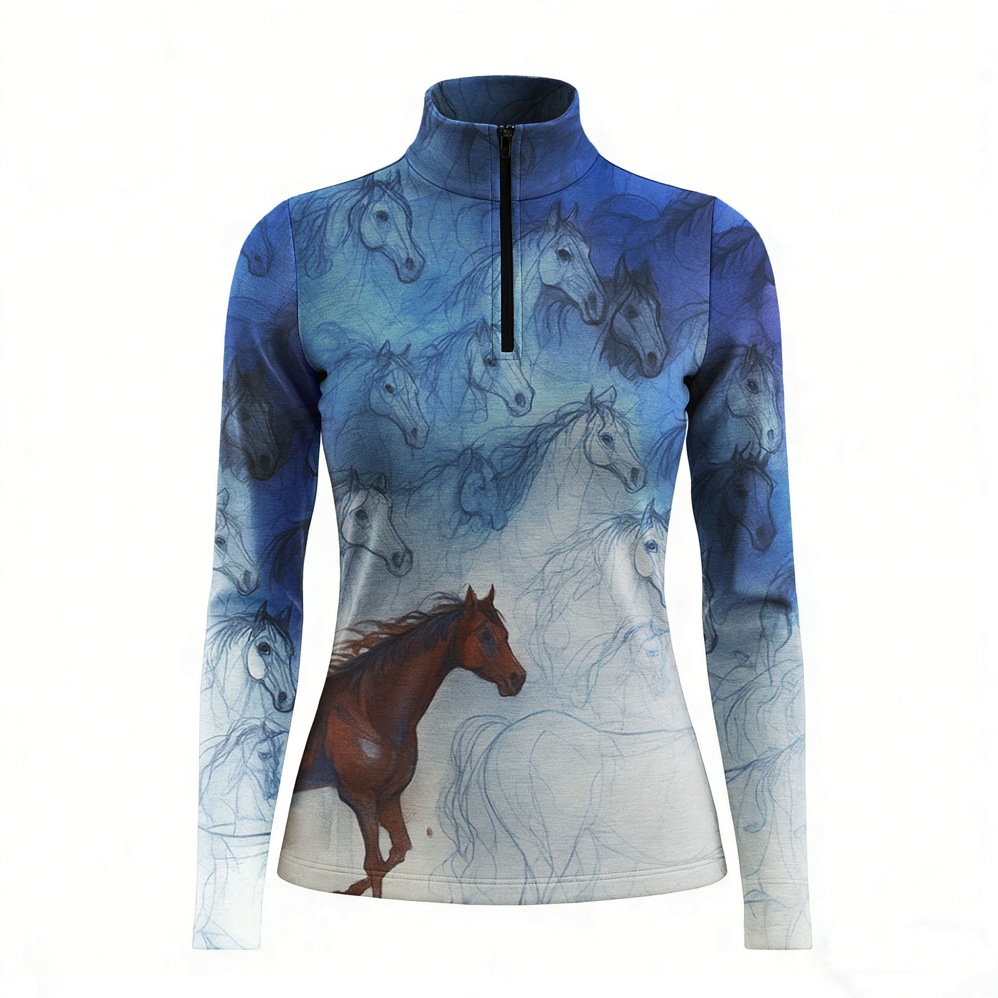 RIDER ATELIER sketch herd horse quarter-zip top on white background, front view
