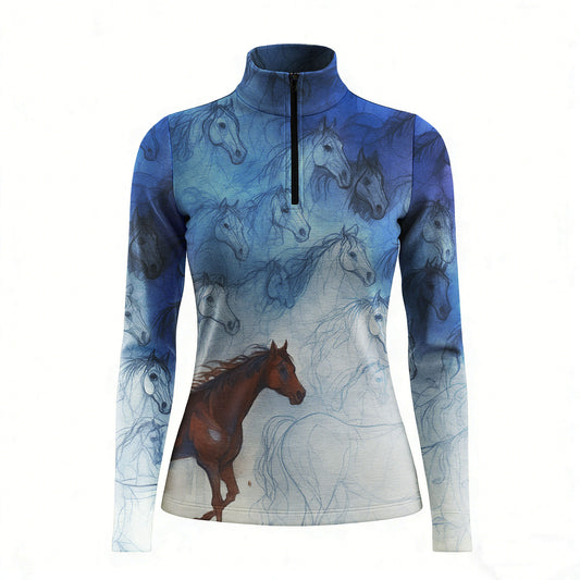 RIDER ATELIER sketch herd horse quarter-zip top on white background, front view
