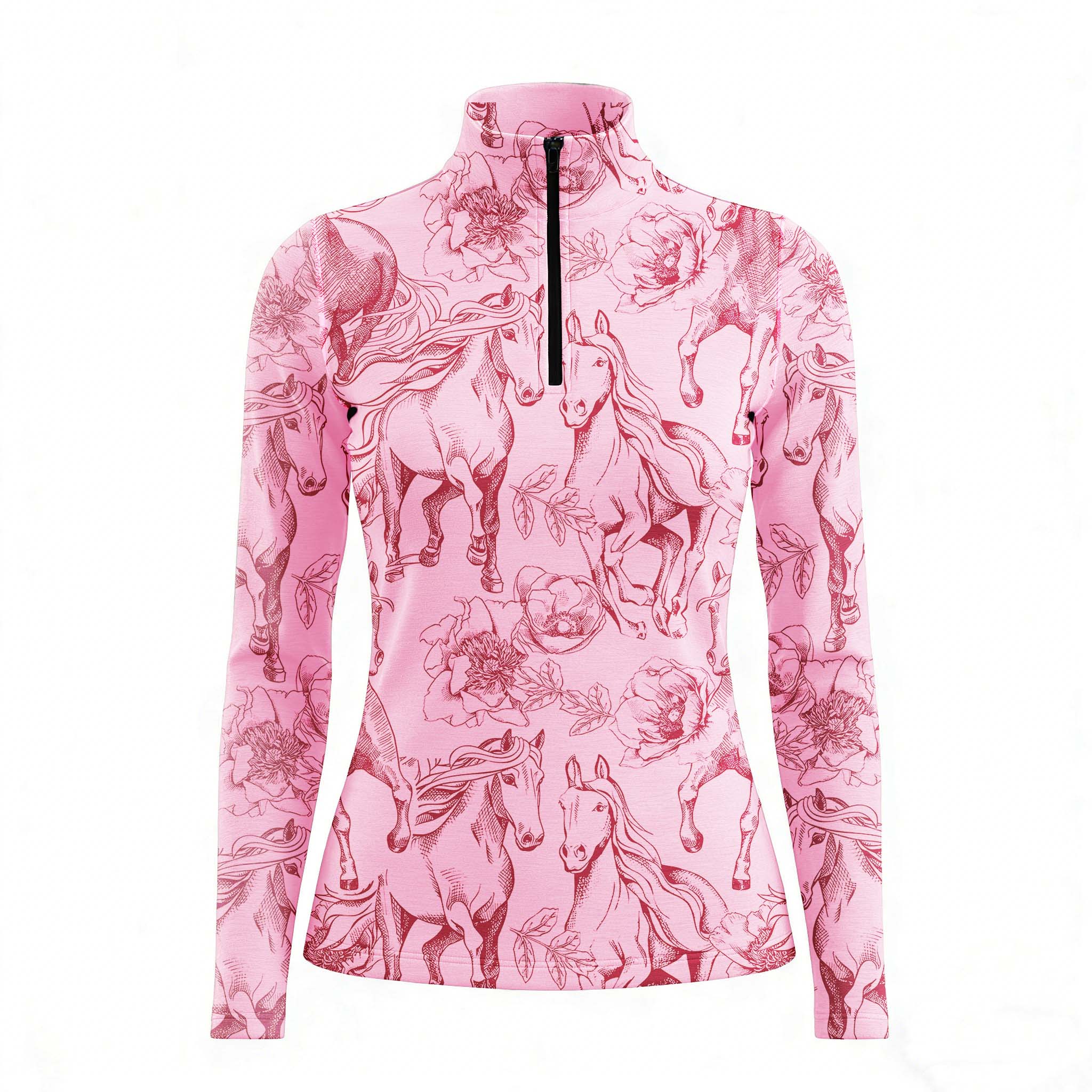 RIDER ATELIER sketch horse floral dusty pink quarter-zip top on white background, front view