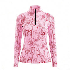 RIDER ATELIER sketch horse floral dusty pink quarter-zip top on white background, front view