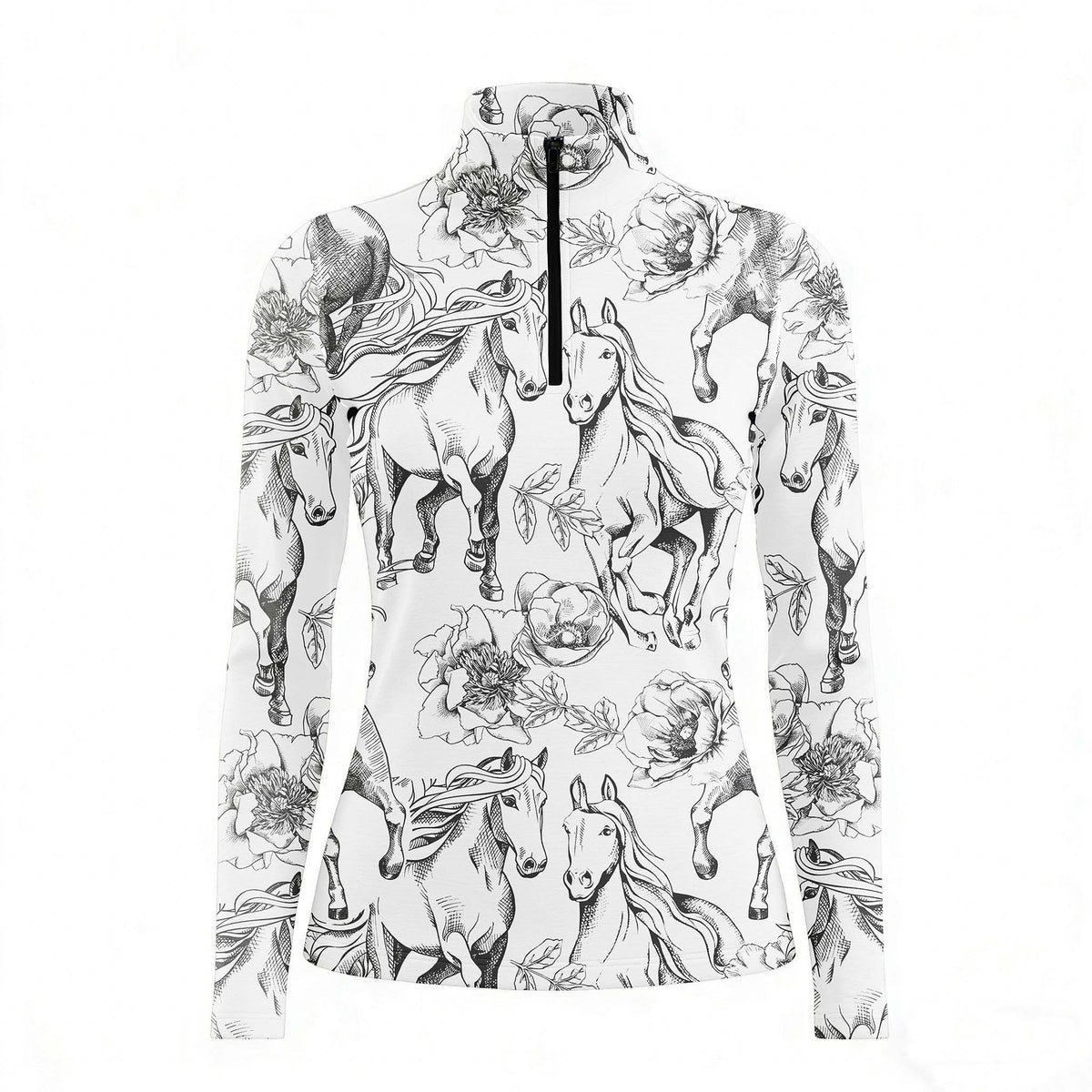 RIDER ATELIER sketch horse floral off-white quarter-zip top on white background, front view