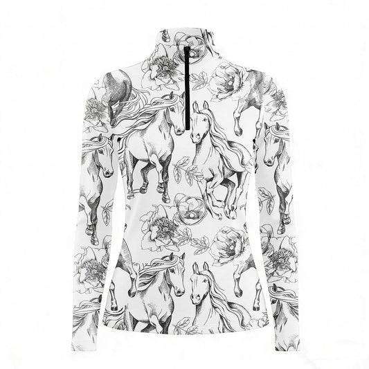 RIDER ATELIER sketch horse floral off-white quarter-zip top on white background, front view