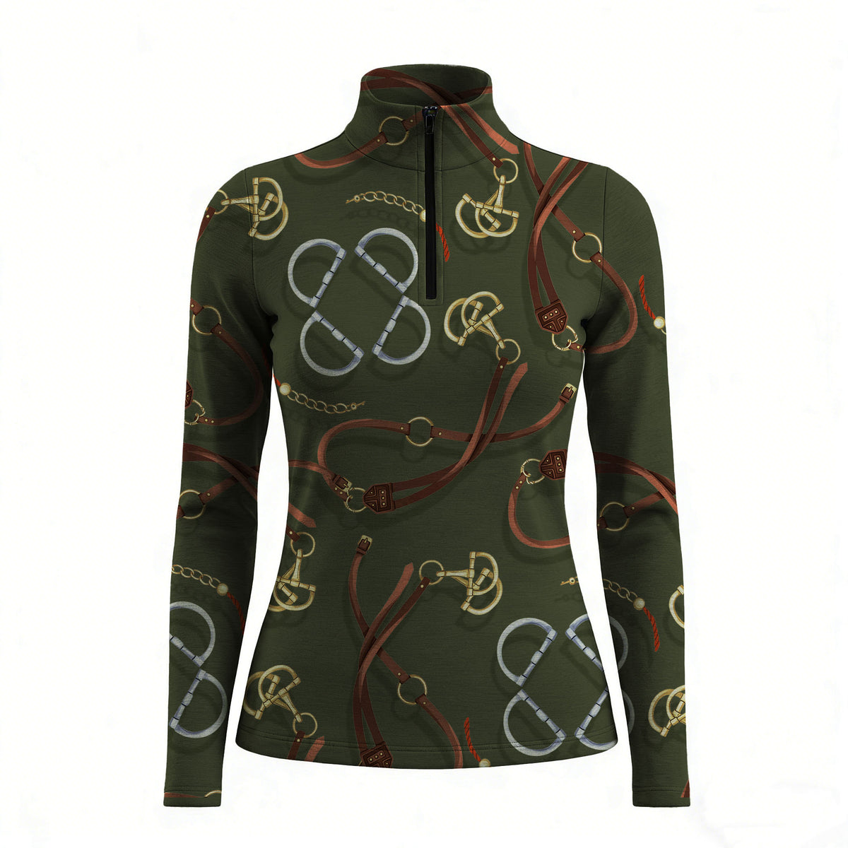 RIDER ATELIER snaffle bit & bridle olive quarter-zip top on white background, front view