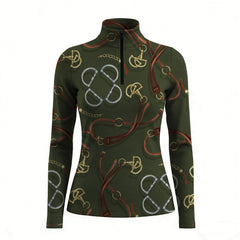 RIDER ATELIER snaffle bit & bridle olive quarter-zip top on white background, front view