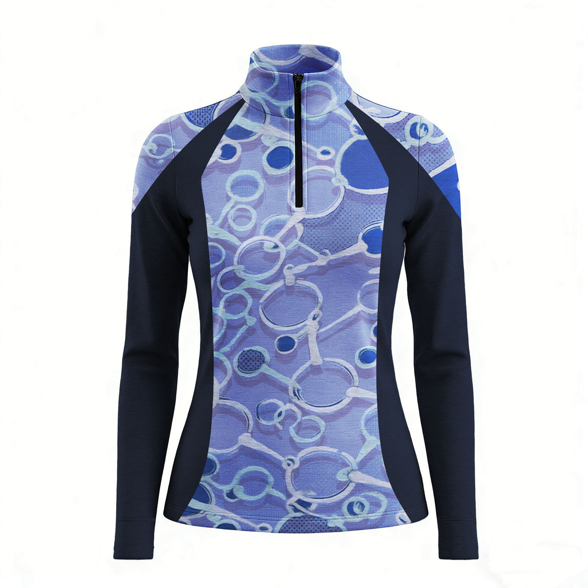 RIDER ATELIER snaffle bit color block quarter-zip top on white background, front view