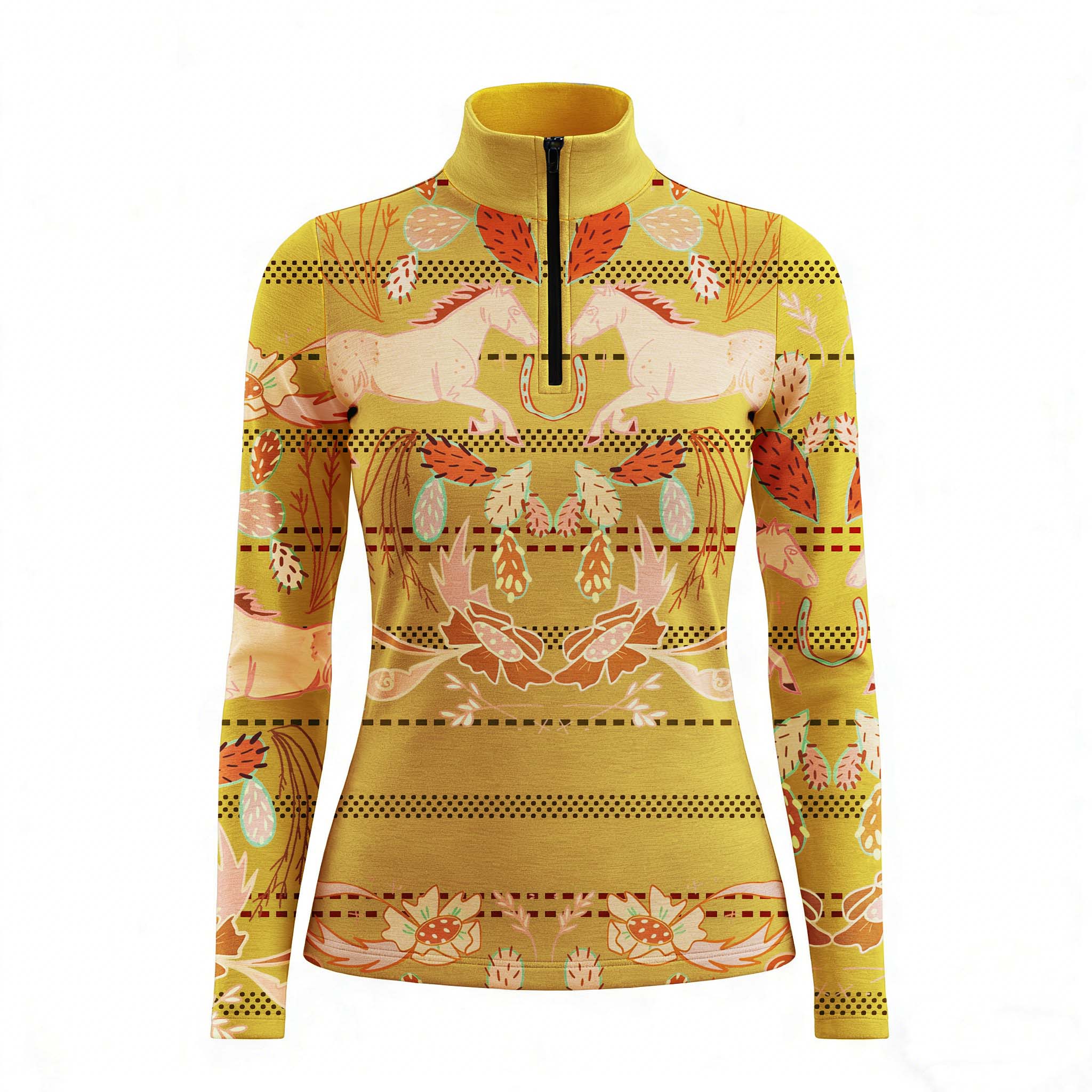 RIDER ATELIER Southwestern horse mustard yellow quarter-zip top on white background, front view