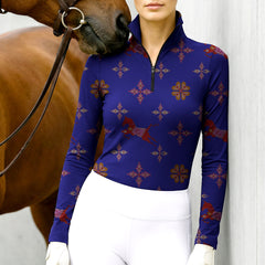 Woman wearing RIDER ATELIER southwestern quarter-zip top with a chestnut horse
