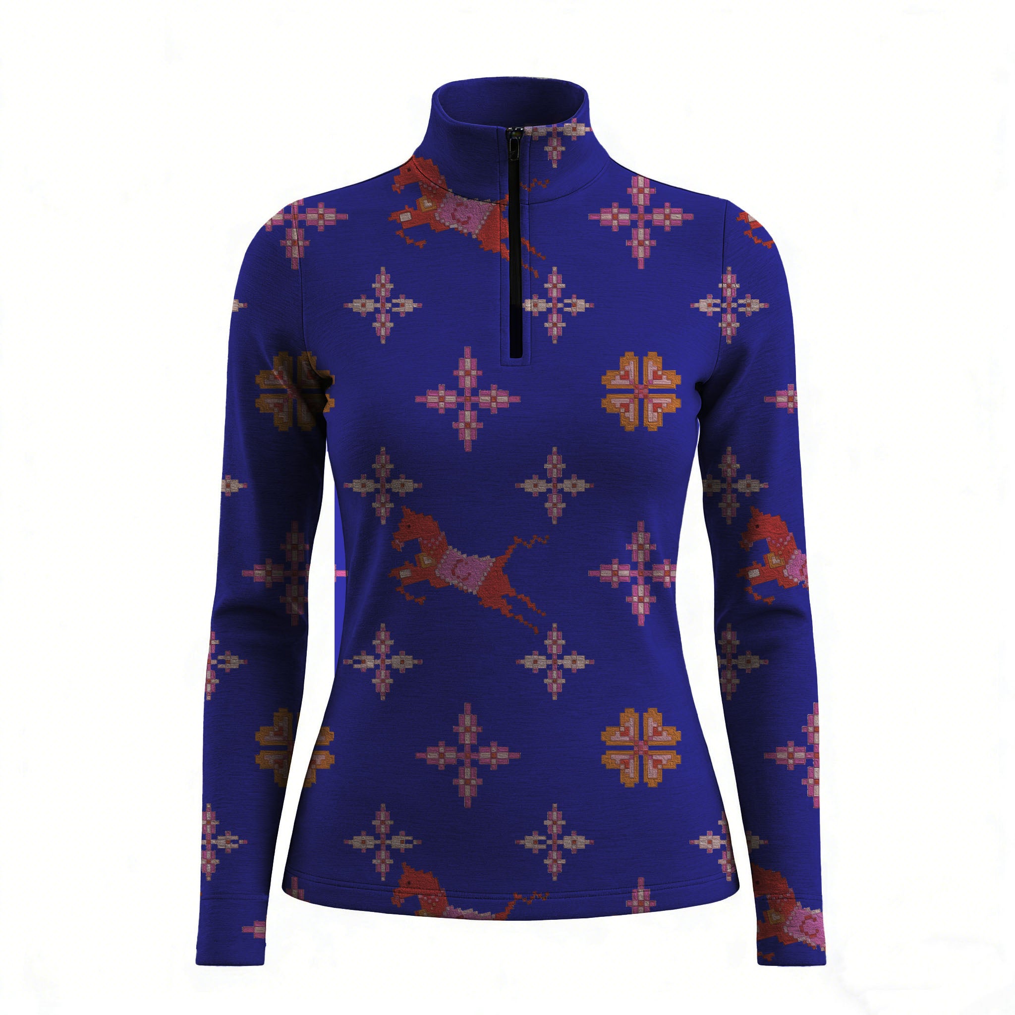 RIDER ATELIER southwestern quarter-zip top on white background, front view
