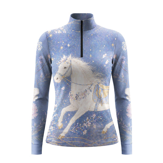 Studio flat view of the RIDER ATELIER Starry Sky Unicorn Print Long-Sleeve Quarter-Zip Riding Top, showcasing the full magical print and quarter-zip collar
