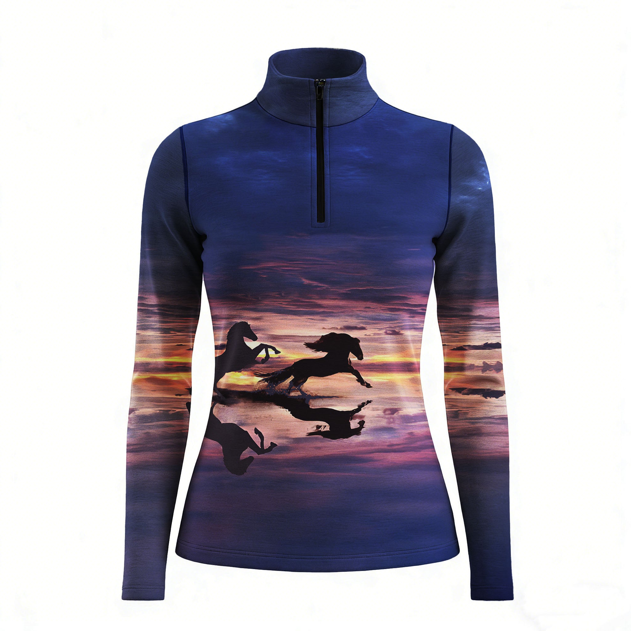 RIDER ATELIER sunset horse silhouette navy quarter-zip top on white background, front view