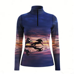 RIDER ATELIER sunset horse silhouette navy quarter-zip top on white background, front view