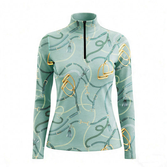 Woman wearing RIDER ATELIER tack quarter-zip top at the show jumping arena
