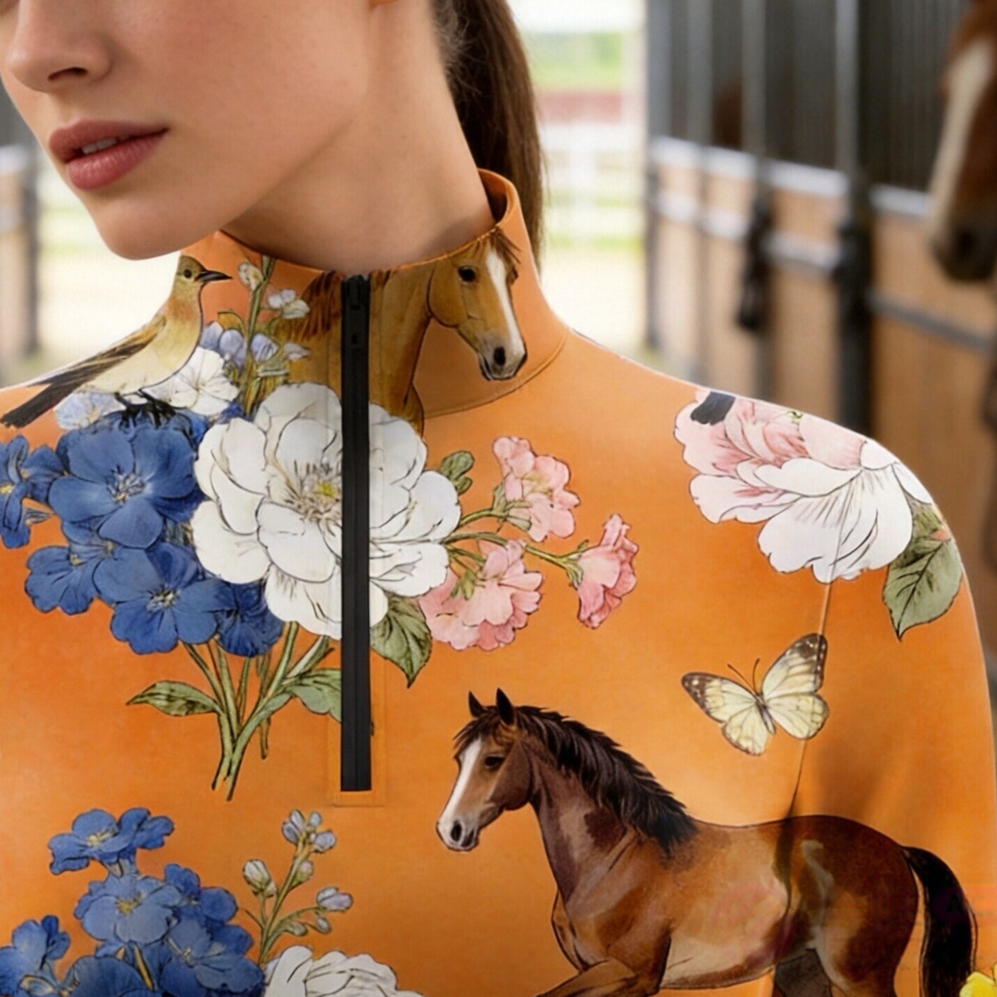 Close-up of the RIDER ATELIER Tangerine Horse & Botanical Print Riding Top, showcasing the print’s watercolor details and quarter-zip collar
