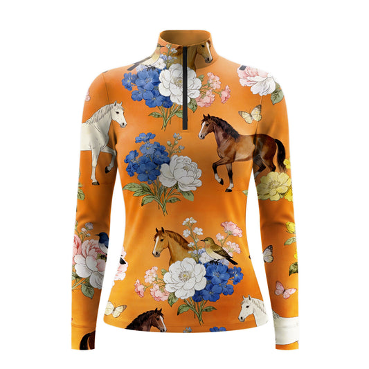Studio flat view of the RIDER ATELIER Tangerine Horse & Botanical Print Long-Sleeve Quarter-Zip Riding Top, showcasing the full whimsical print
