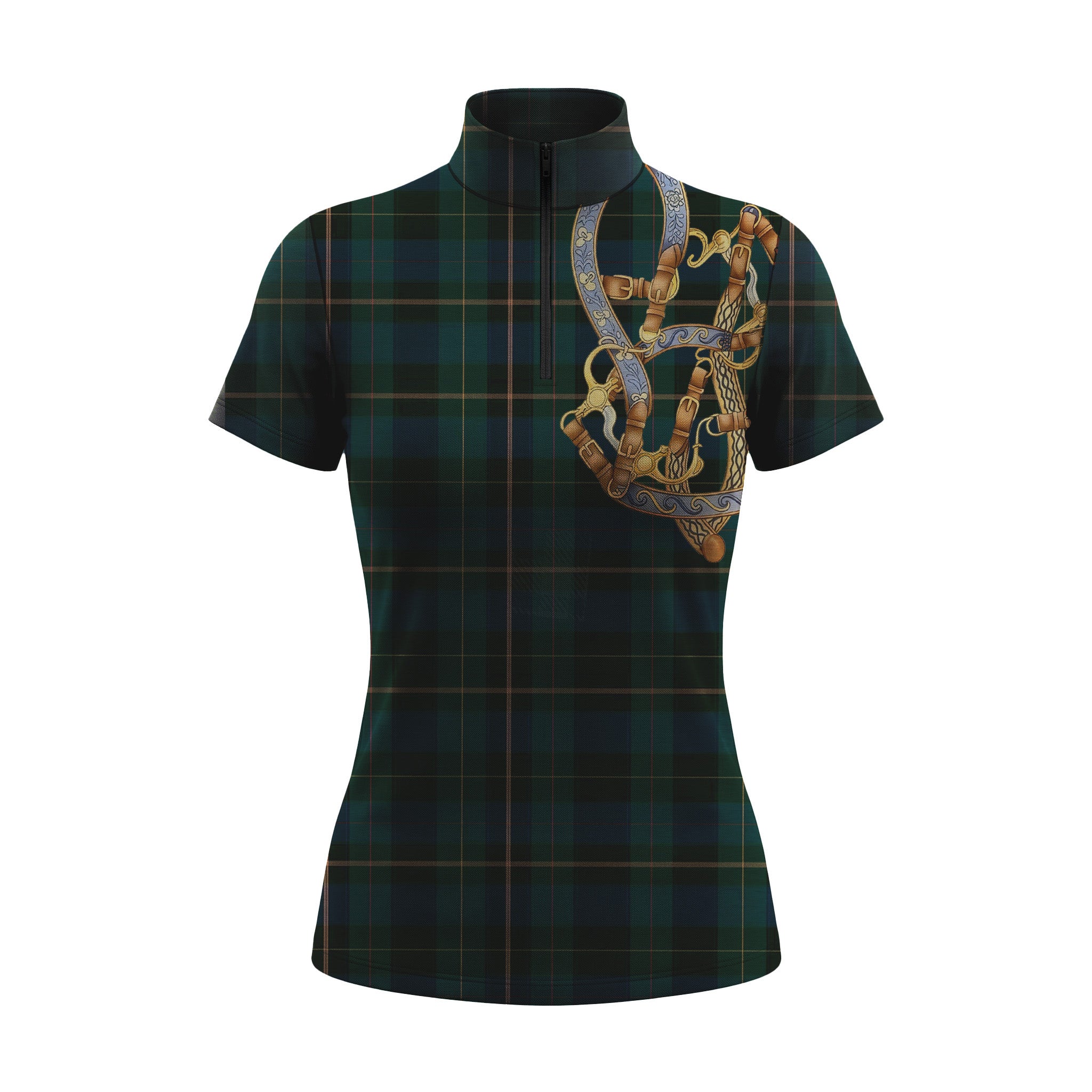 RIDER ATELIER tartan equestrian tack short sleeve quarter-zip top on white background, front view
