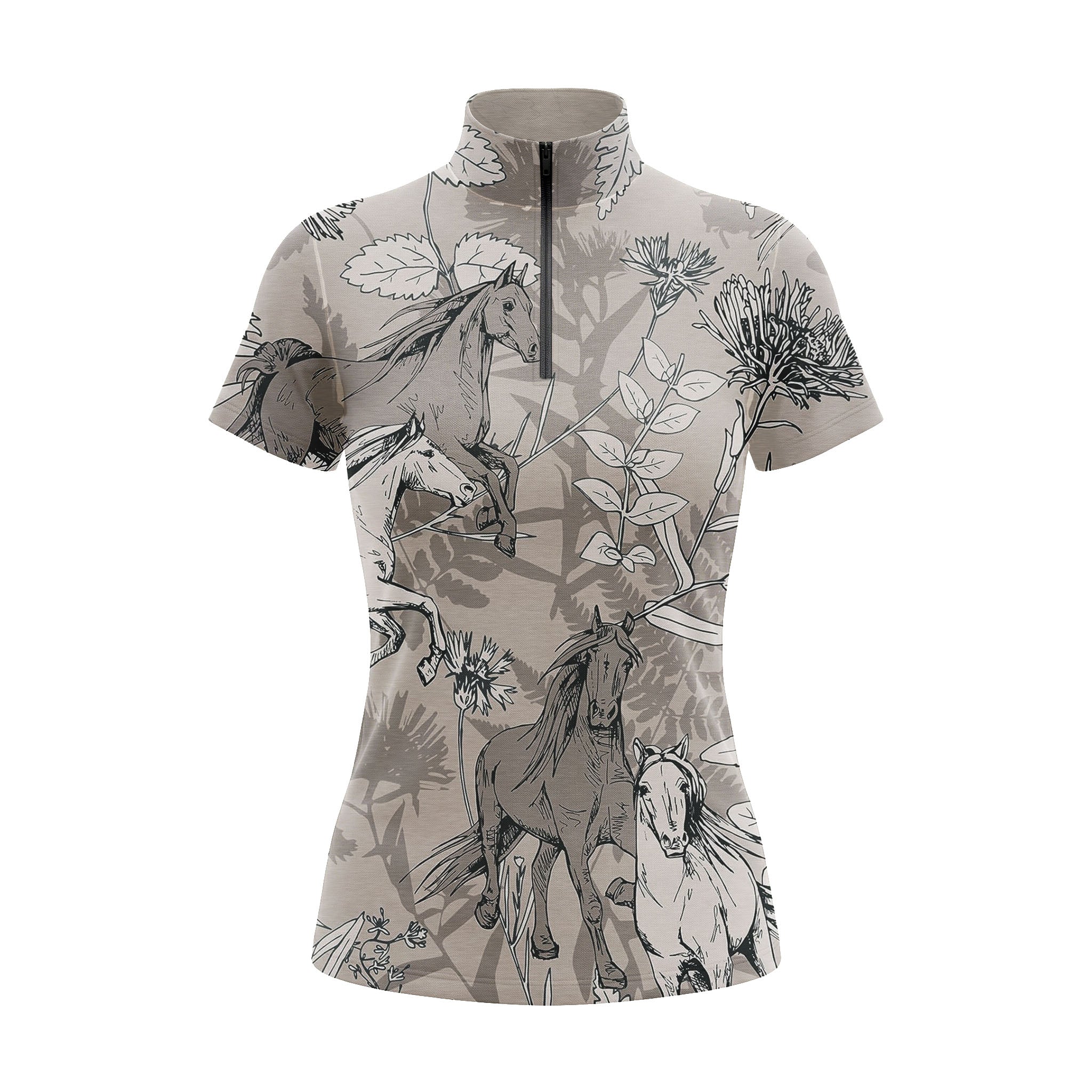 Studio flat view of the RIDER ATELIER Taupe Equestrian Botanical Sketch Print Short-Sleeve Quarter-Zip Riding Top, showcasing the full hand-drawn print and quarter-zip collar
