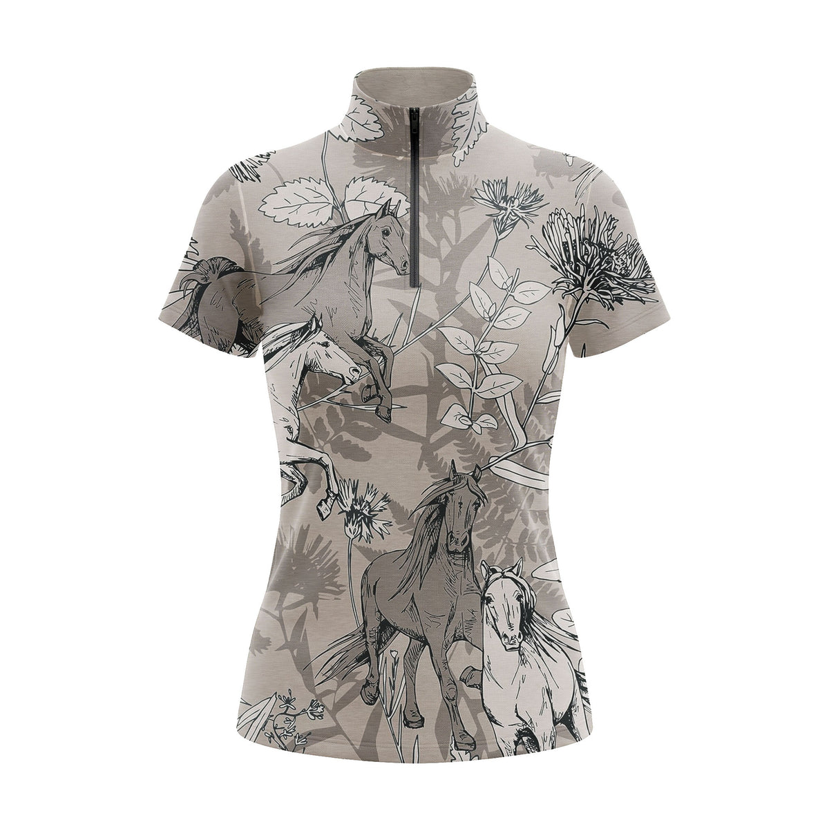 Studio flat view of the RIDER ATELIER Taupe Equestrian Botanical Sketch Print Short-Sleeve Quarter-Zip Riding Top, showcasing the full hand-drawn print and quarter-zip collar
