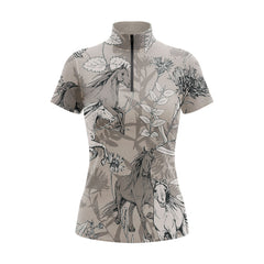 Studio flat view of the RIDER ATELIER Taupe Equestrian Botanical Sketch Print Short-Sleeve Quarter-Zip Riding Top, showcasing the full hand-drawn print and quarter-zip collar
