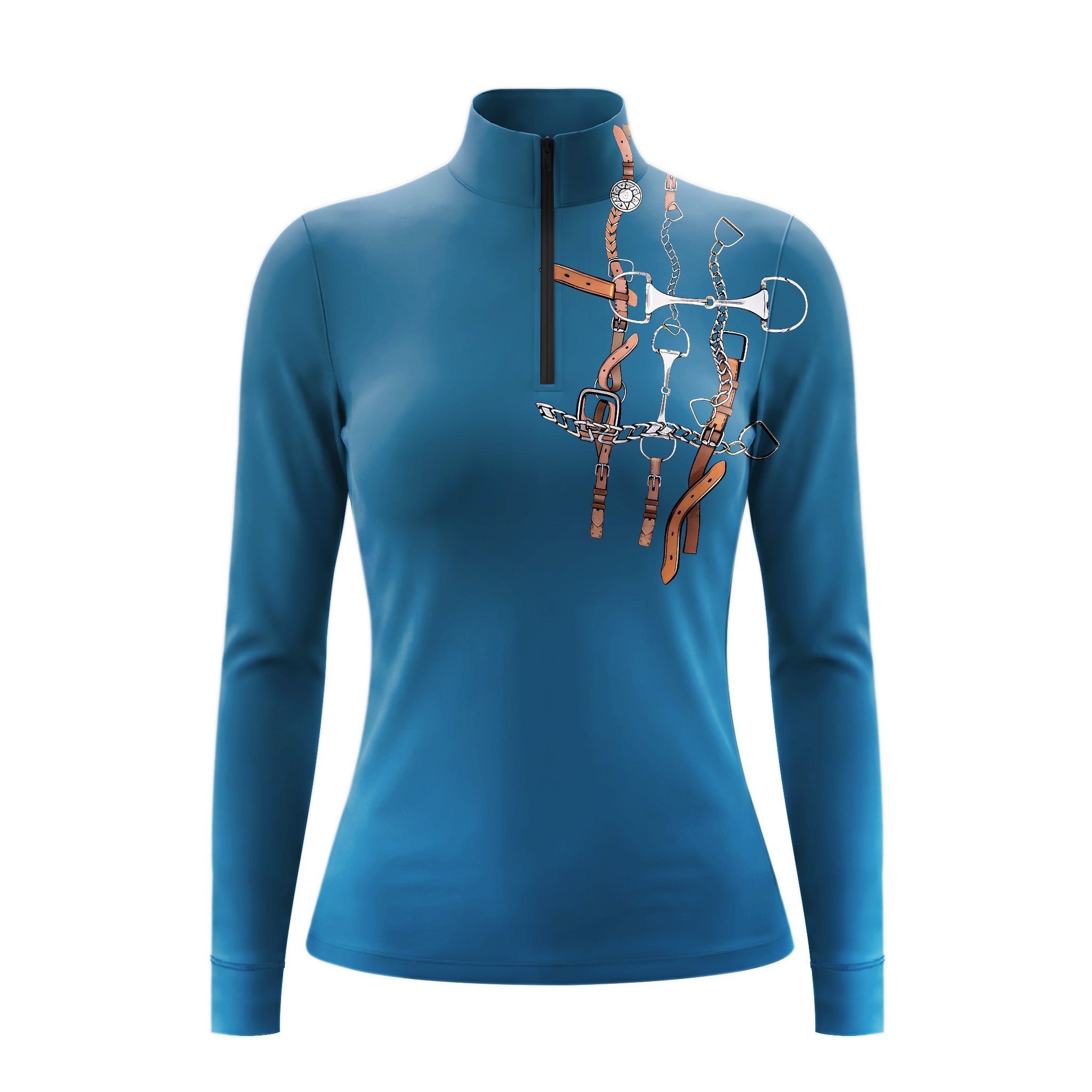 Studio flat view of the RIDER ATELIER Teal Bit & Bridle Print Long-Sleeve Quarter-Zip Riding Top, showcasing the full tack print
