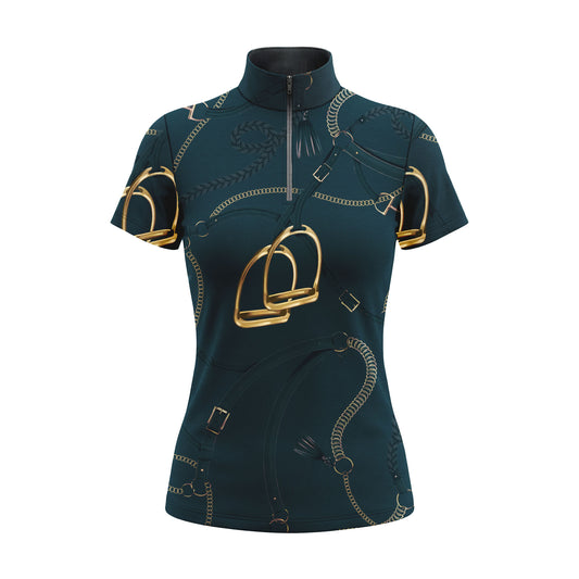 RIDER ATELIER teal stirrup & bridle print short sleeve top on white background, front view
