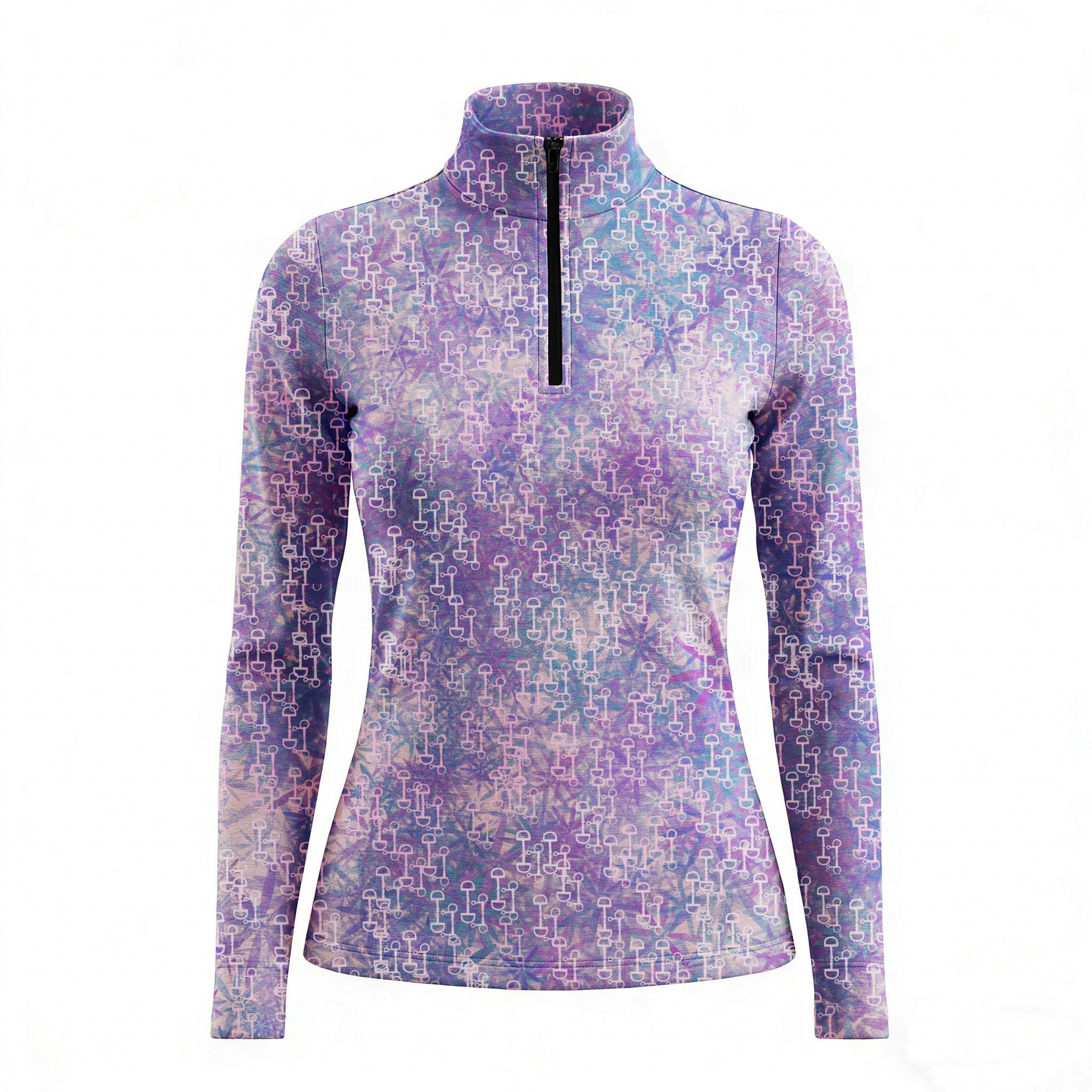 RIDER ATELIER tie-dye snaffle bit lavender purple quarter-zip top on white background, front view