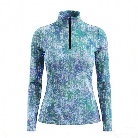 RIDER ATELIER tie-dye snaffle bit ocean blue-green quarter-zip top on white background, front view
