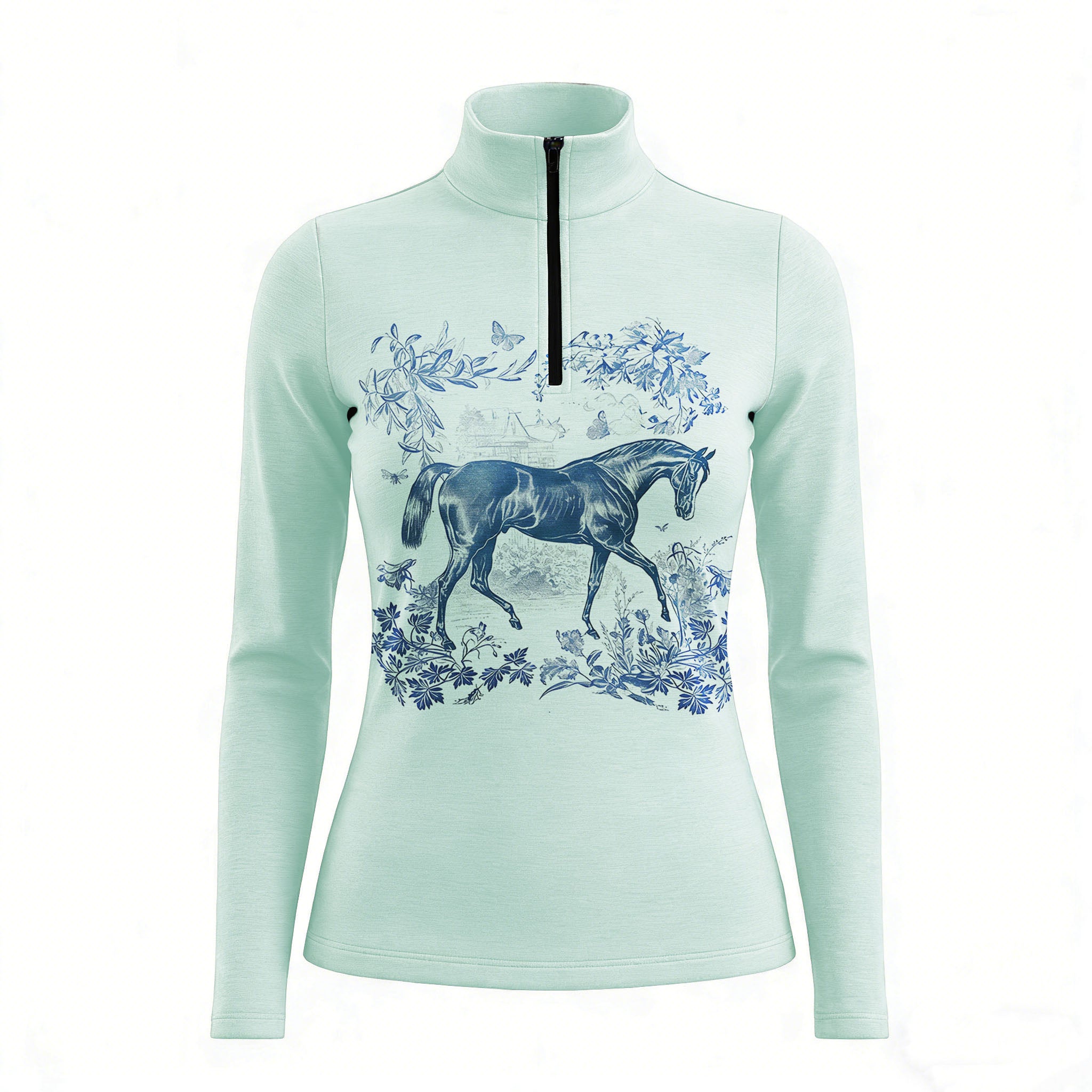 RIDER ATELIER Toile de Jouy horse sage green quarter-zip top on white background, front view